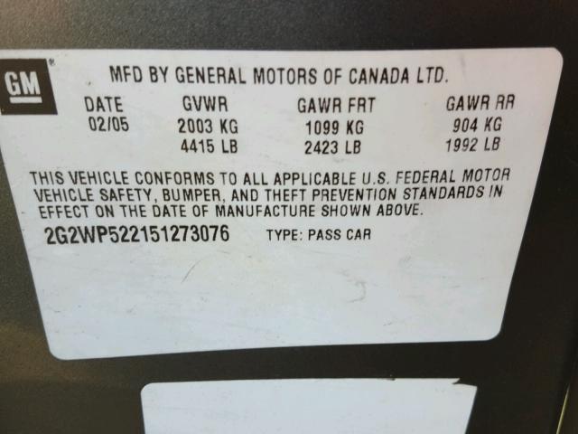 2G2WP522151273076 - 2005 PONTIAC GRAND PRIX GRAY photo 10