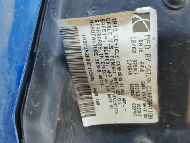 1G8AJ52F83Z133096 - 2003 SATURN ION LEVEL BLUE photo 10