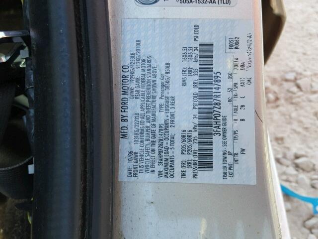 3FAHP07Z87R147895 - 2007 FORD FUSION SE SILVER photo 10