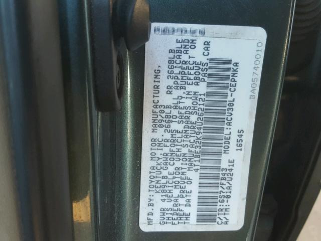 4T1BE32K94U262121 - 2004 TOYOTA CAMRY LE 绿色 照片 10