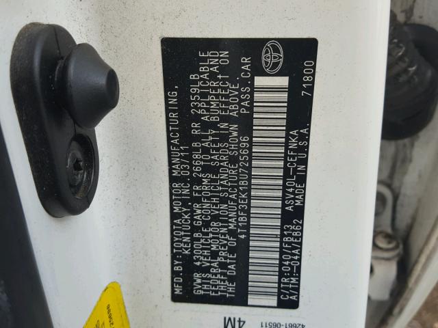 4T1BF3EK1BU725696 - 2011 TOYOTA CAMRY BASE WHITE photo 10