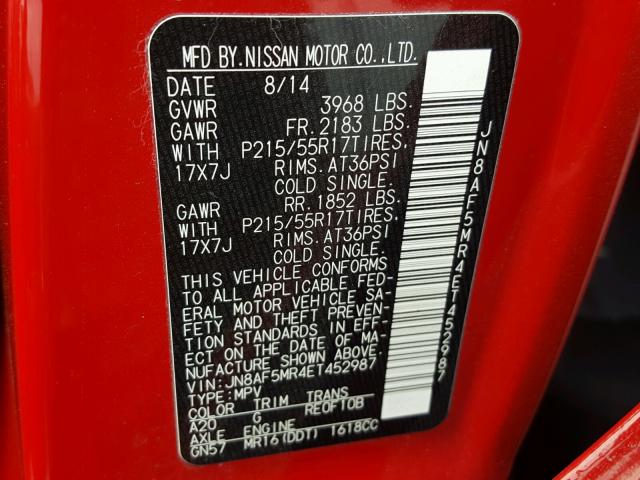 JN8AF5MR4ET452987 - 2014 NISSAN JUKE S RED photo 10