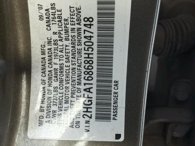 2HGFA16868H504748 - 2008 HONDA CIVIC EX ნაცრისფერი ფოტო 10