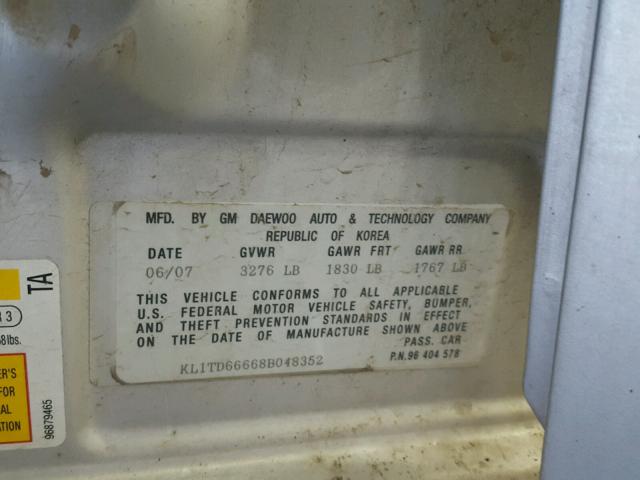 KL1TD66668B048352 - 2008 CHEVROLET AVEO BASE Күміс фото 10