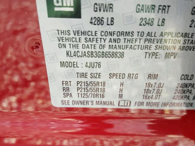 KL4CJASB3GB658838 - 2016 BUICK ENCORE BURGUNDY photo 10