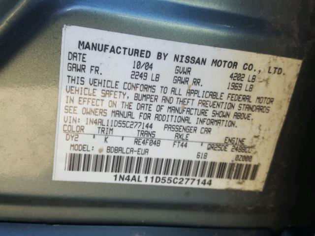 1N4AL11D55C277144 - 2005 NISSAN ALTIMA S GREEN photo 10