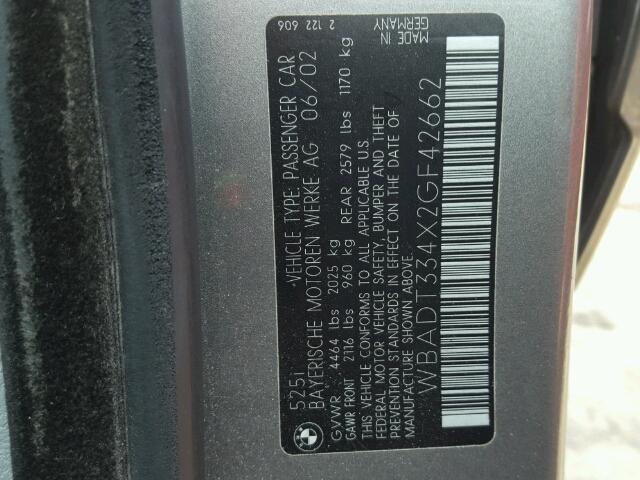 WBADT334X2GF42662 - 2002 BMW 525 I SILVER photo 10