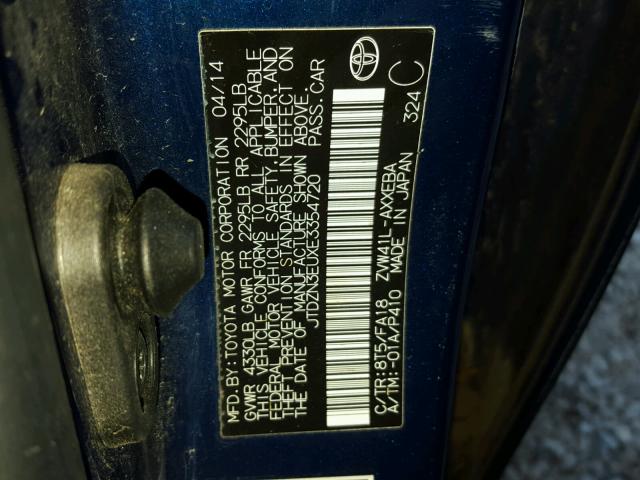 JTDZN3EUXE3354720 - 2014 TOYOTA PRIUS V BLUE photo 10