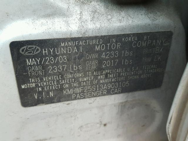 KMHWF25S13A903105 - 2003 HYUNDAI SONATA GL SILVER photo 10