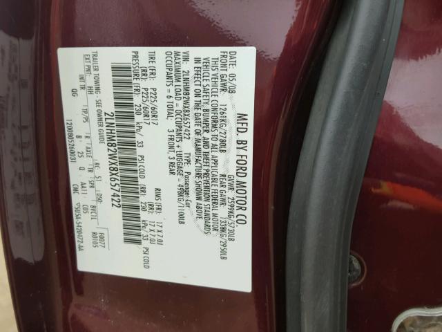 2LNHM82WX8X657422 - 2008 LINCOLN TOWN CAR S MAROON photo 10