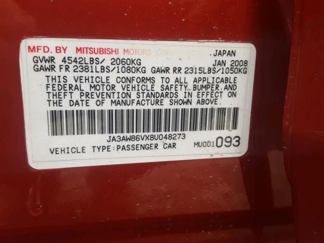 JA3AW86VX8U048273 - 2008 MITSUBISHI LANCER EVO RED photo 10