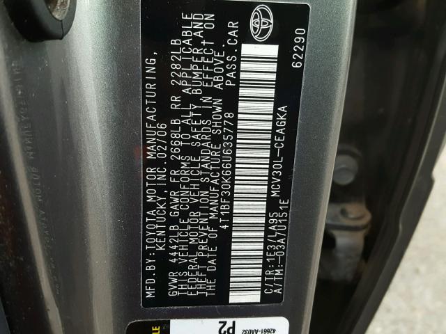 4T1BF30K66U635778 - 2006 TOYOTA CAMRY LE GRAY photo 10