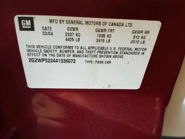 2G2WP522441336072 - 2004 PONTIAC GRAND PRIX RED photo 10