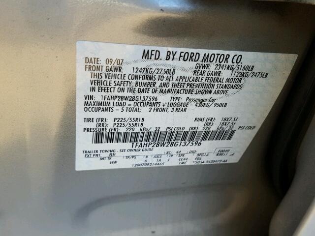 1FAHP28W28G137596 - 2008 FORD TAURUS LIM CREAM photo 10