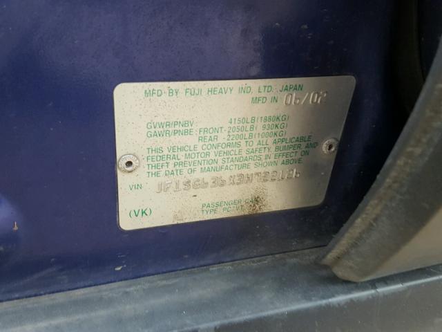 JF1SG636X3H722126 - 2003 SUBARU FORESTER 2 BLUE photo 10