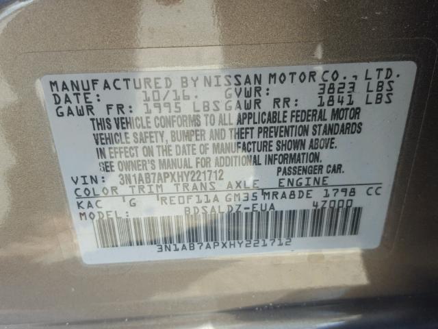 3N1AB7APXHY221712 - 2017 NISSAN SENTRA S BROWN photo 10