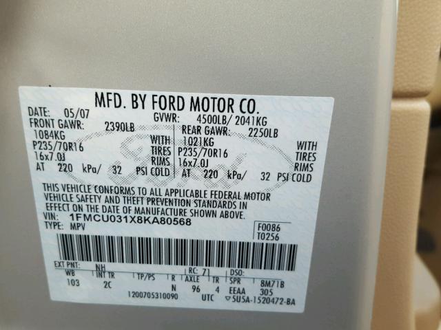 1FMCU031X8KA80568 - 2008 FORD ESCAPE XLT WHITE photo 10