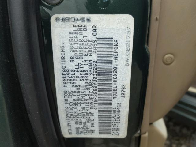 4T1BF28B0YU032262 - 2000 TOYOTA AVALON XL GREEN photo 10