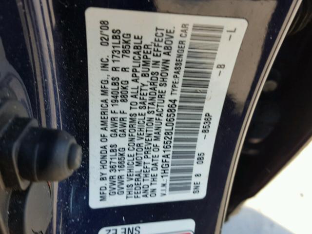 1HGFA16528L065864 - 2008 HONDA CIVIC LX BLUE photo 10