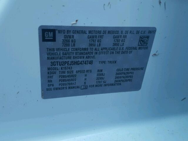 3GTU2PEJ5HG474748 - 2017 GMC SIERRA K15 WHITE photo 10