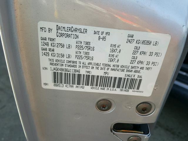 1J4GK48K86W113846 - 2006 JEEP LIBERTY SP GRAY photo 10