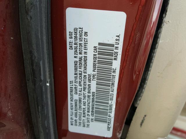 4S3BH665026664905 - 2002 SUBARU LEGACY OUT RED photo 10