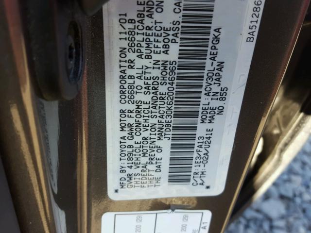 JTDBE30K620046965 - 2002 TOYOTA CAMRY LE GRAY photo 10