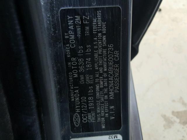 KMHCN4AC4BU600736 - 2011 HYUNDAI ACCENT GLS GRAY photo 10