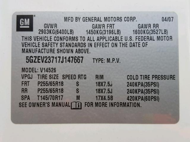 5GZEV23717J147667 - 2007 SATURN OUTLOOK XR 白色 照片 10