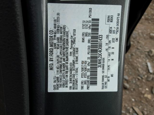 3LNHL2JC4CR801433 - 2012 LINCOLN MKZ ნაცრისფერი ფოტო 10