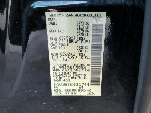 5N1AR1NB2BC631744 - 2011 NISSAN PATHFINDER BLACK photo 10