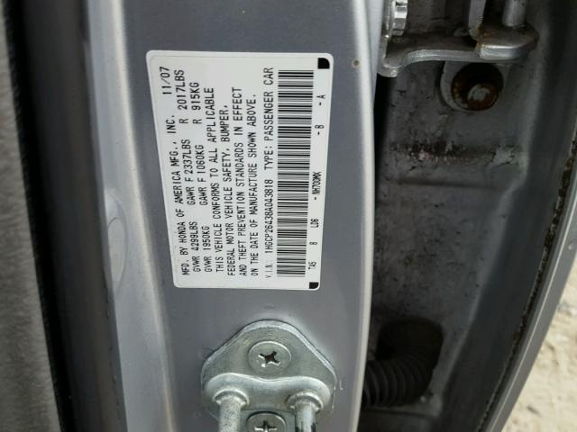 1HGCP26438A043818 - 2008 HONDA ACCORD LXP GRAY photo 10