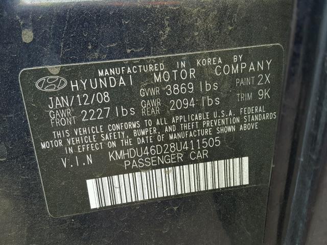 KMHDU46D28U411505 - 2008 HYUNDAI ELANTRA GL BLUE photo 10