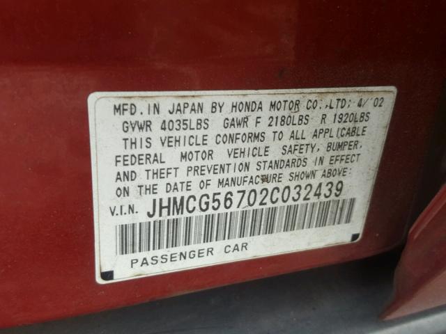 JHMCG56702C032439 - 2002 HONDA ACCORD SE RED photo 10