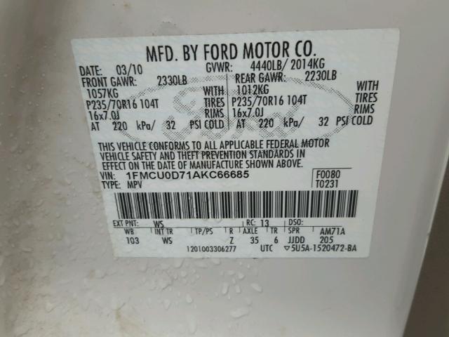 1FMCU0D71AKC66685 - 2010 FORD ESCAPE XLT WHITE photo 10