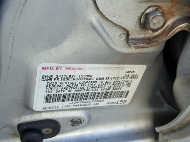 JA3AY26C91U033663 - 2001 MITSUBISHI MIRAGE ES SILVER photo 10