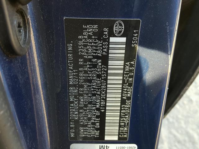 4T1BF3EK2BU715727 - 2011 TOYOTA CAMRY BASE BLUE photo 10