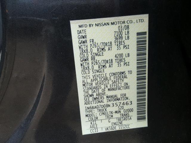 1N6BA07D08N357463 - 2008 NISSAN TITAN XE GRAY photo 10