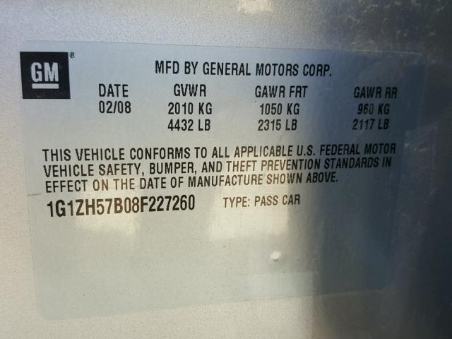 1G1ZH57B08F227260 - 2008 CHEVROLET MALIBU 1LT SILVER photo 10