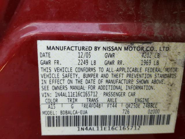 1N4AL11E16C165712 - 2006 NISSAN ALTIMA S RED photo 10