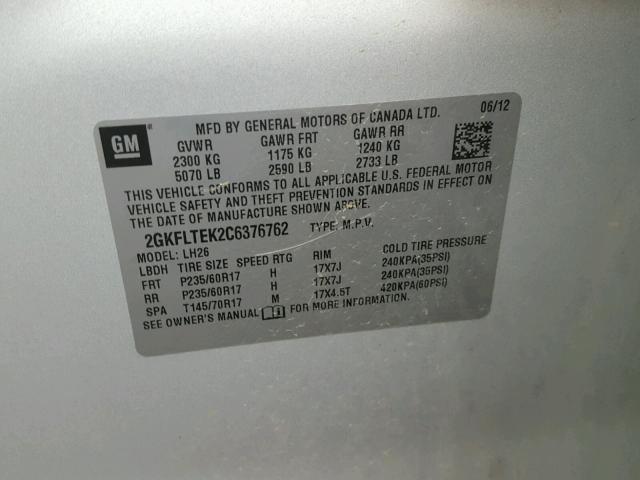 2GKFLTEK2C6376762 - 2012 GMC TERRAIN SL SILVER photo 10