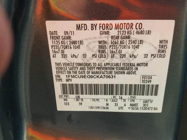 1FMCU9EG9CKA70631 - 2012 FORD ESCAPE LIM BLUE photo 10