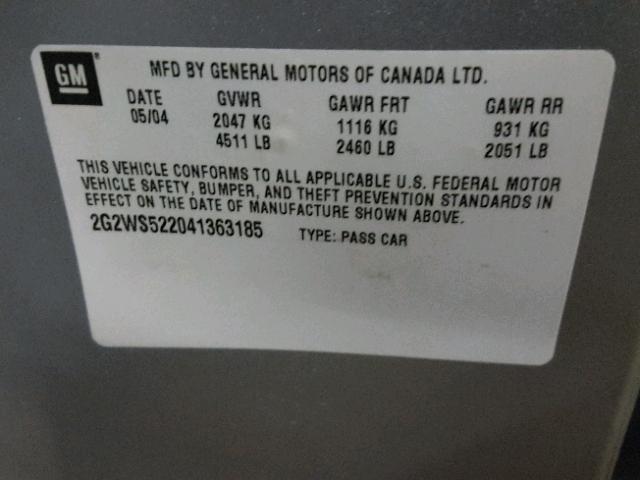 2G2WS522041363185 - 2004 PONTIAC GRAND PRIX SILVER photo 10