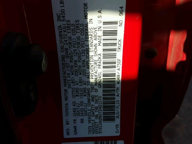 5TELU42N37Z421173 - 2007 TOYOTA TACOMA DOU RED photo 10