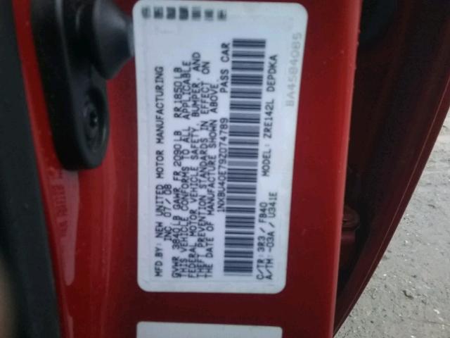 1NXBU40E79Z074789 - 2009 TOYOTA COROLLA BA RED photo 10