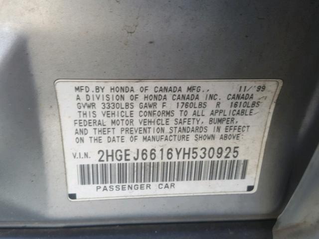 2HGEJ6616YH530925 - 2000 HONDA CIVIC BASE GRAY photo 10