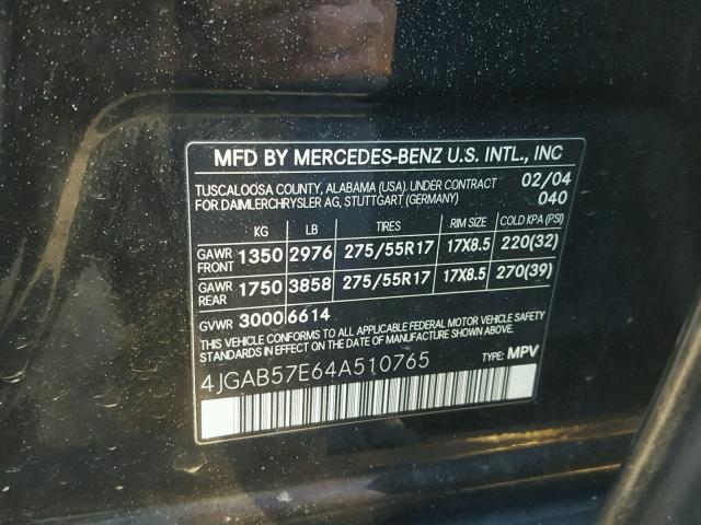 4JGAB57E64A510765 - 2004 MERCEDES-BENZ ML 350 BLACK photo 10