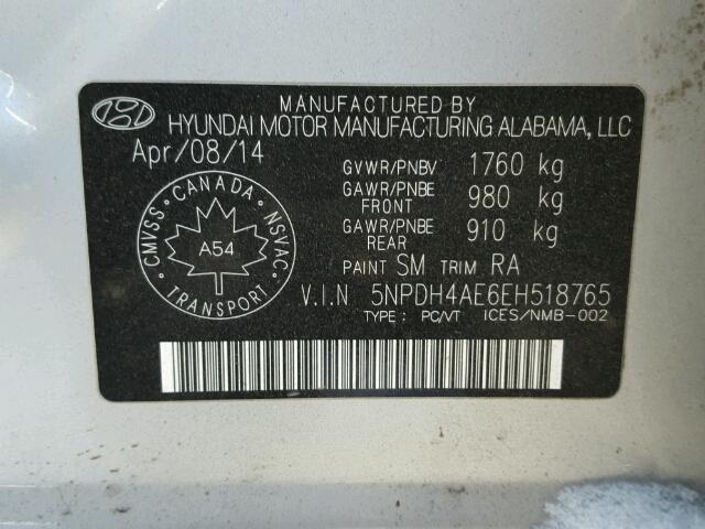 5NPDH4AE6EH518765 - 2014 HYUNDAI ELANTRA SE SILVER photo 10