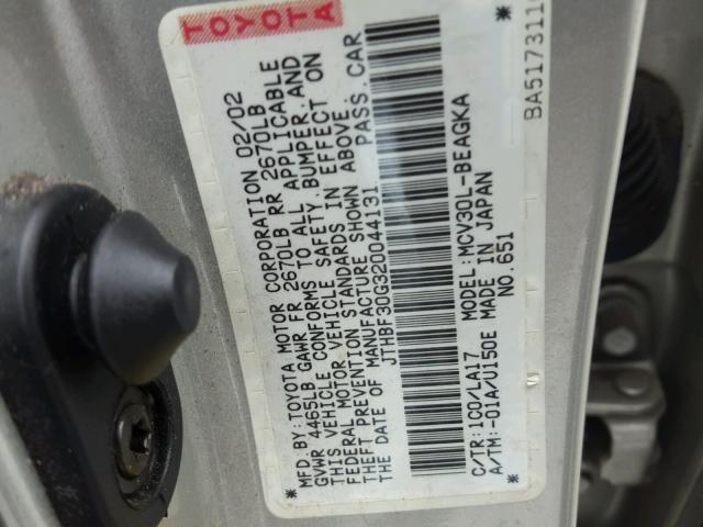 JTHBF30G320044131 - 2002 LEXUS ES 300 SILVER photo 10