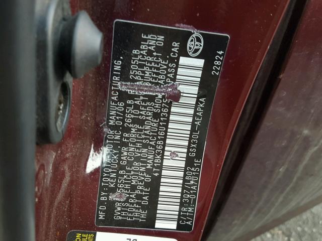 4T1BK36B16U113675 - 2006 TOYOTA AVALON XL RED photo 10